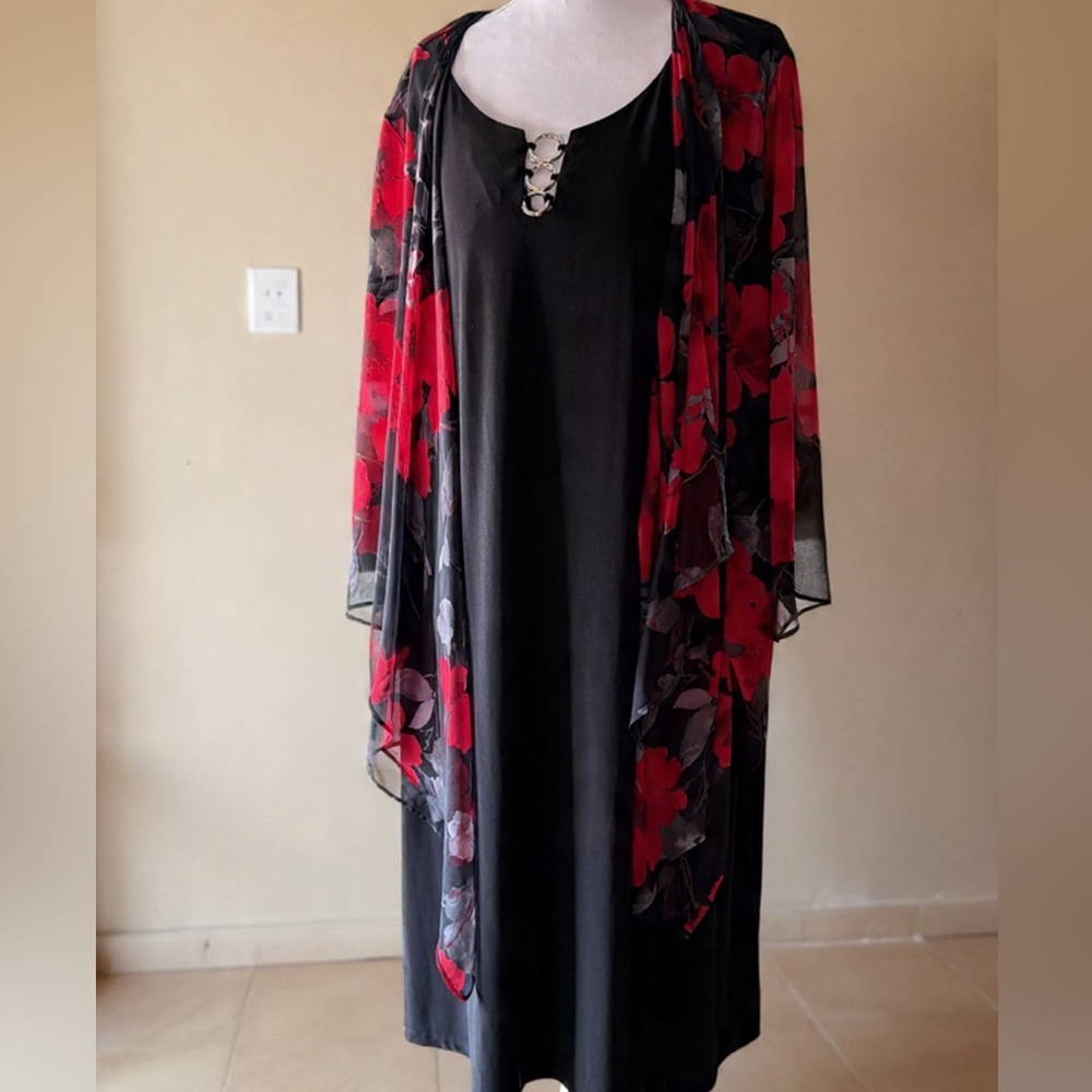 R&K Black and Red Floral Midi Dress